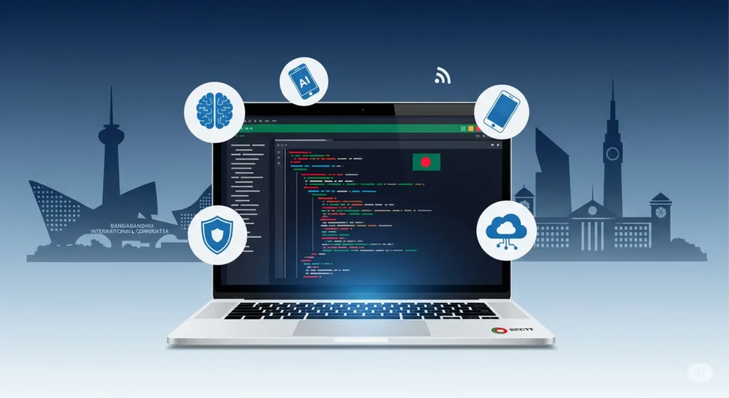 Create a modern, professional illustration showing web development in Bangladesh. 